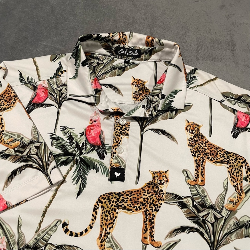 Bad Birdie Polo Shirt Mens XL White Palm Tree Cheetah Safari Golf Stretch